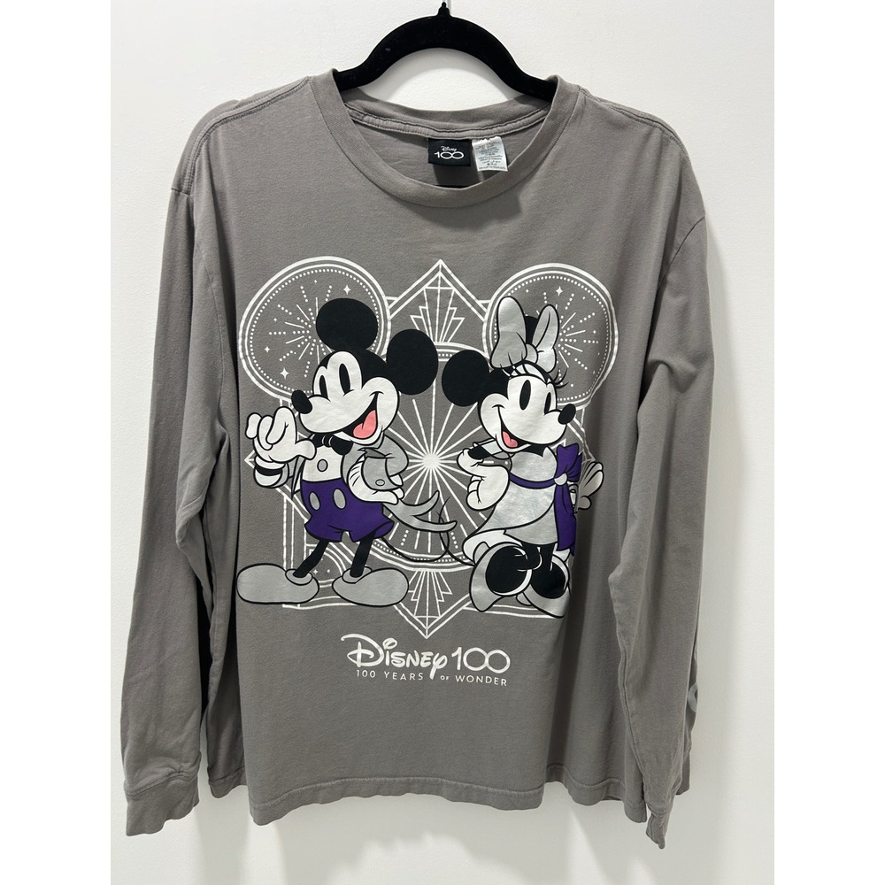 Disney 100 Years of Wonder Mickey Minnie Grey Long Sleeve T-Shirt Womens Large